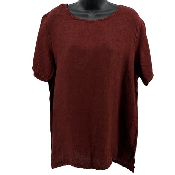 Xcit USA Linen Top WMNS M Burnt Orange Short Sleeve Side Slit Round Neck Vtg - Picture 1 of 8